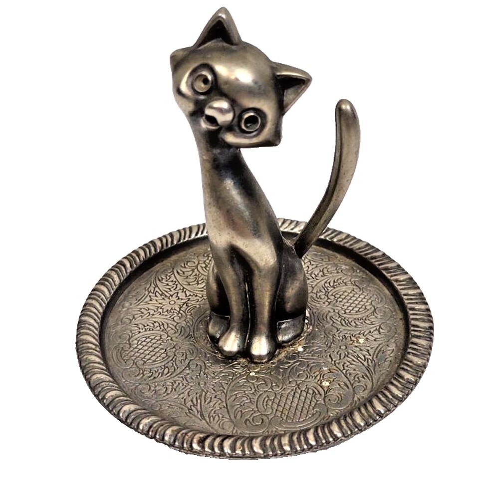 Vintage EP Zinc Alloy Silver Cat Ring Holder Jewelry Trinket Tray Padded Bottom